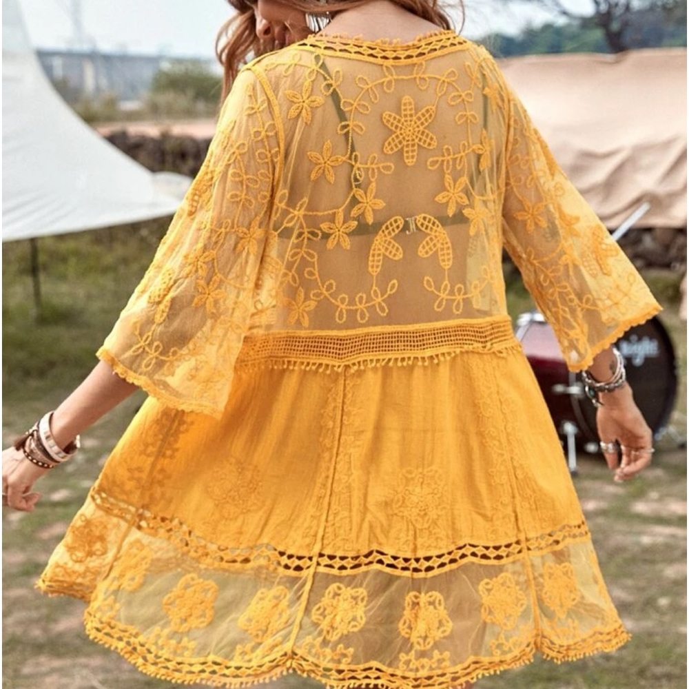 Boho Sheer Mesh Lace Deep V Neck Beach Swim Cover Up - Picture 12 of 16